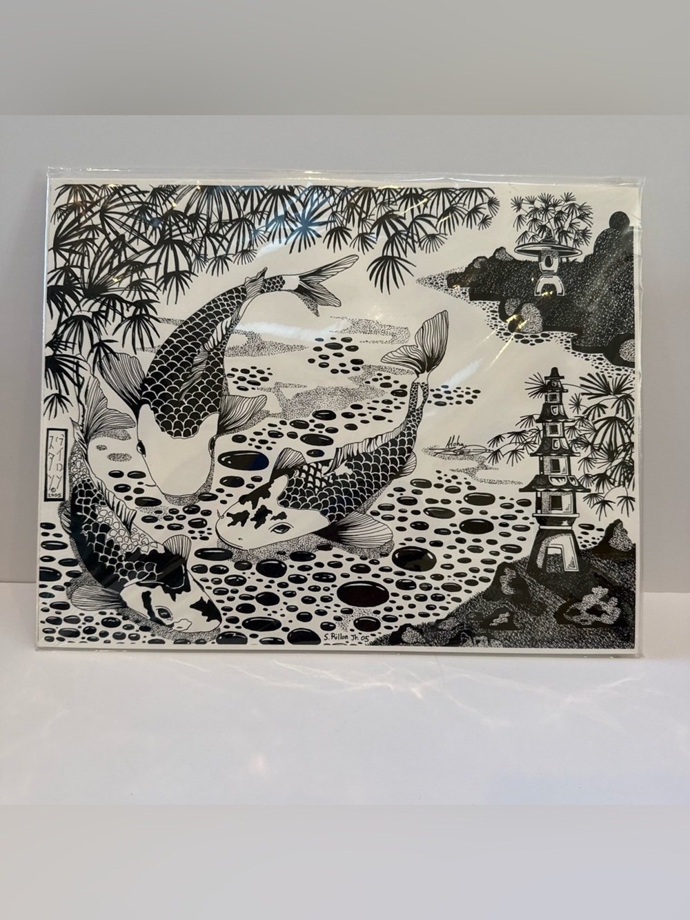 Vintage s. Dillon Jr 2005  "BLACK & WHITE" Fish Theme (Signed) 11 x 14 Hawaiian